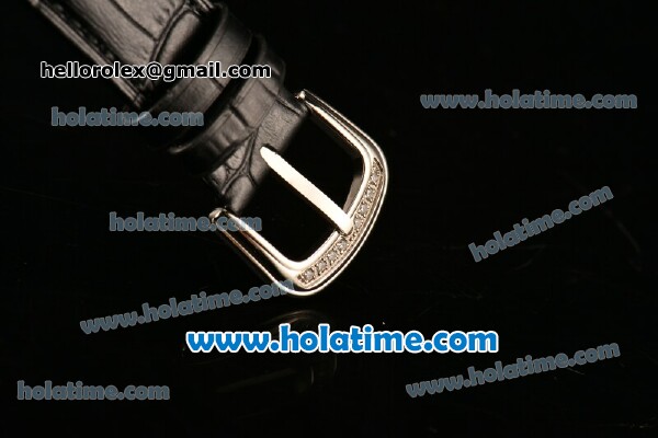 Franck Muller Cintree Curvex Ronda 762 Quartz Steel/Diamond Case with Diamond Dial and Black Leather Strap - Click Image to Close